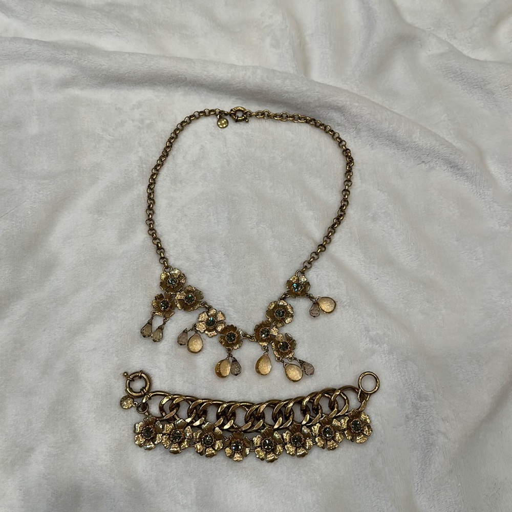 J Crew Antiqued Gold Floral Necklace and Bracelet Vintage Look